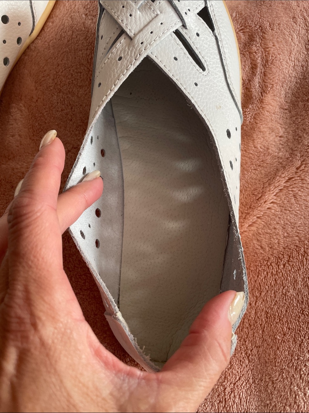 Women's White Perforated Leather Slip-On Flats with Braided Toe - Picture 4 of 4